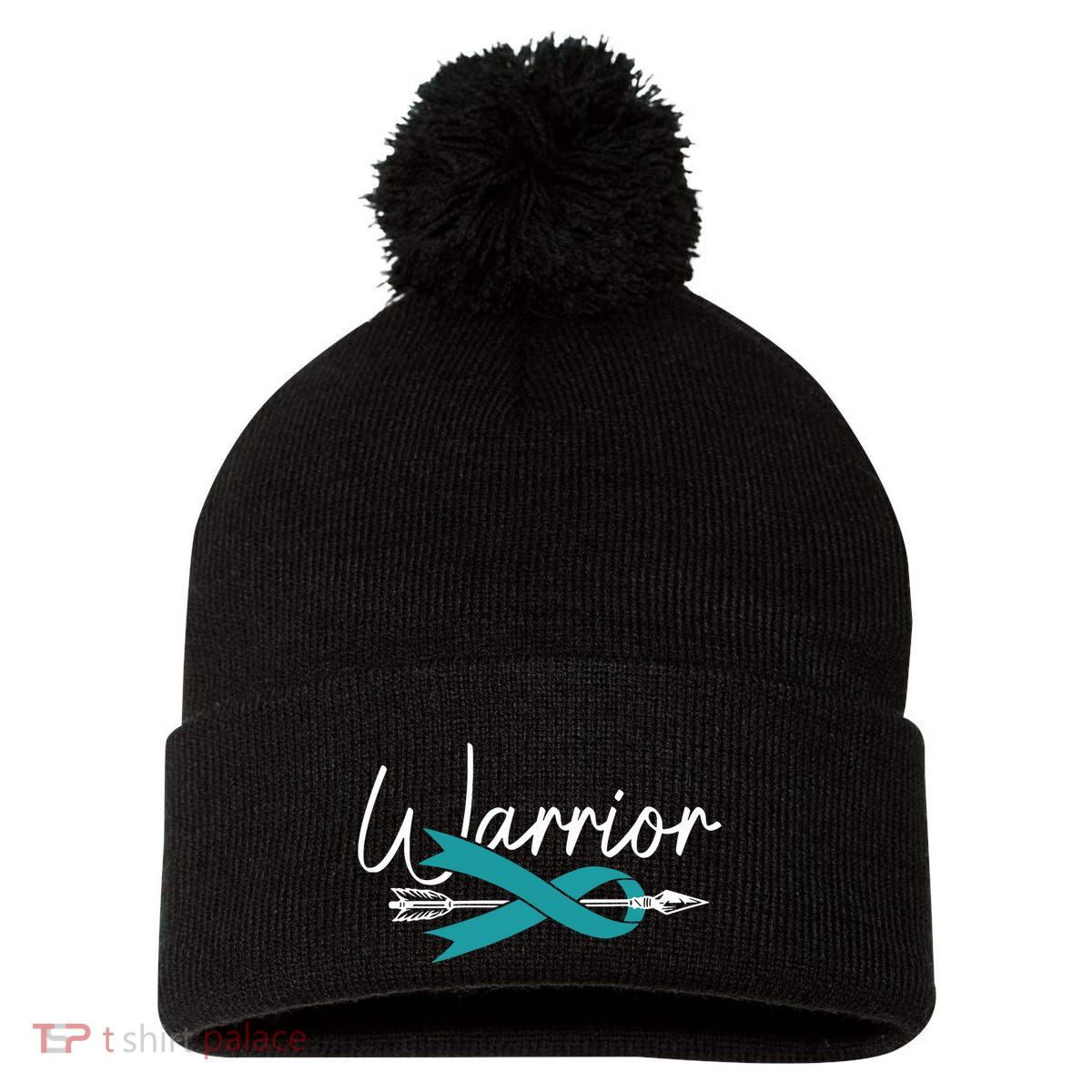 Ovarian Cancer Awareness Month Woman Teal Ribbon Warrior Pom Pom 12in Knit Beanie