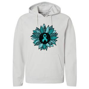 Ovarian Cancer Awareness Sunflower Teal Ribbon Leopard Performance Fleece Hoodie