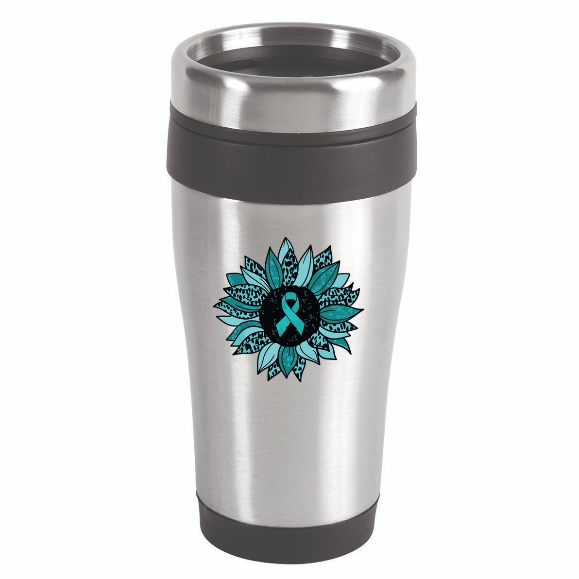 Ovarian Cancer Awareness Sunflower Teal Ribbon Leopard 16oz Travel Tumbler