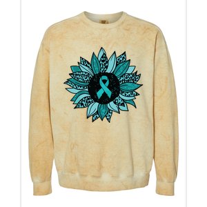 Ovarian Cancer Awareness Sunflower Teal Ribbon Leopard Colorblast Crewneck Sweatshirt