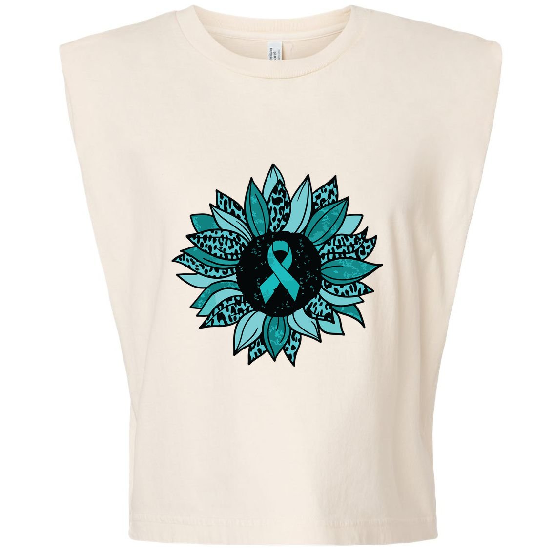 Ovarian Cancer Awareness Sunflower Teal Ribbon Leopard Garment-Dyed Women's Muscle Tee
