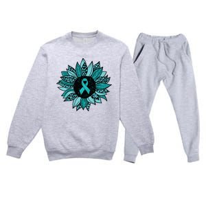 Ovarian Cancer Awareness Sunflower Teal Ribbon Leopard Premium Crewneck Sweatsuit Set