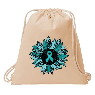 Ovarian Cancer Awareness Sunflower Teal Ribbon Leopard Drawstring Bag