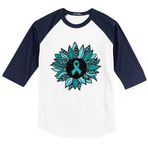 Ovarian Cancer Awareness Sunflower Teal Ribbon Leopard Baseball Sleeve Shirt