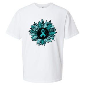 Ovarian Cancer Awareness Sunflower Teal Ribbon Leopard Sueded Cloud Jersey T-Shirt