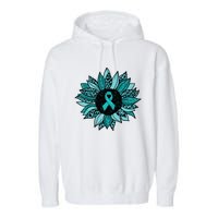 Ovarian Cancer Awareness Sunflower Teal Ribbon Leopard Garment-Dyed Fleece Hoodie