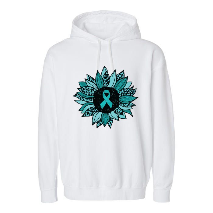 Ovarian Cancer Awareness Sunflower Teal Ribbon Leopard Garment-Dyed Fleece Hoodie