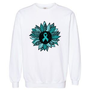 Ovarian Cancer Awareness Sunflower Teal Ribbon Leopard Garment-Dyed Sweatshirt