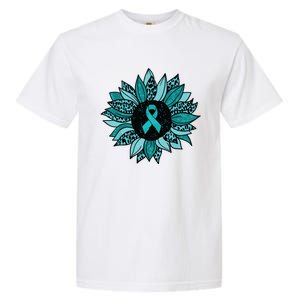 Ovarian Cancer Awareness Sunflower Teal Ribbon Leopard Garment-Dyed Heavyweight T-Shirt