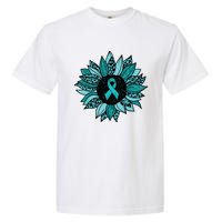 Ovarian Cancer Awareness Sunflower Teal Ribbon Leopard Garment-Dyed Heavyweight T-Shirt