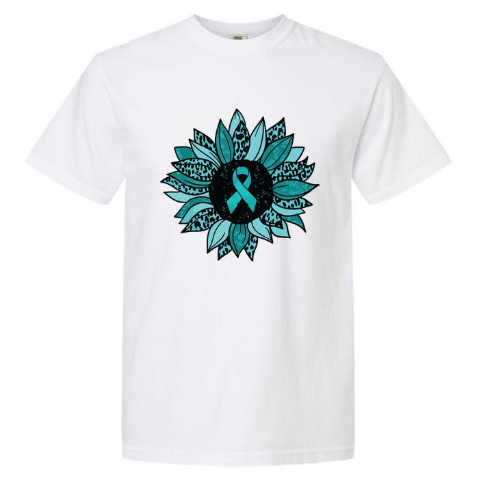 Ovarian Cancer Awareness Sunflower Teal Ribbon Leopard Garment-Dyed Heavyweight T-Shirt