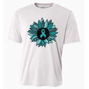 Ovarian Cancer Awareness Sunflower Teal Ribbon Leopard Cooling Performance Crew T-Shirt