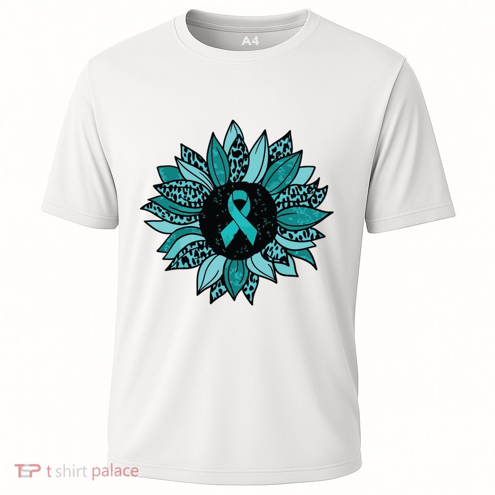 Ovarian Cancer Awareness Sunflower Teal Ribbon Leopard Performance Shirt
