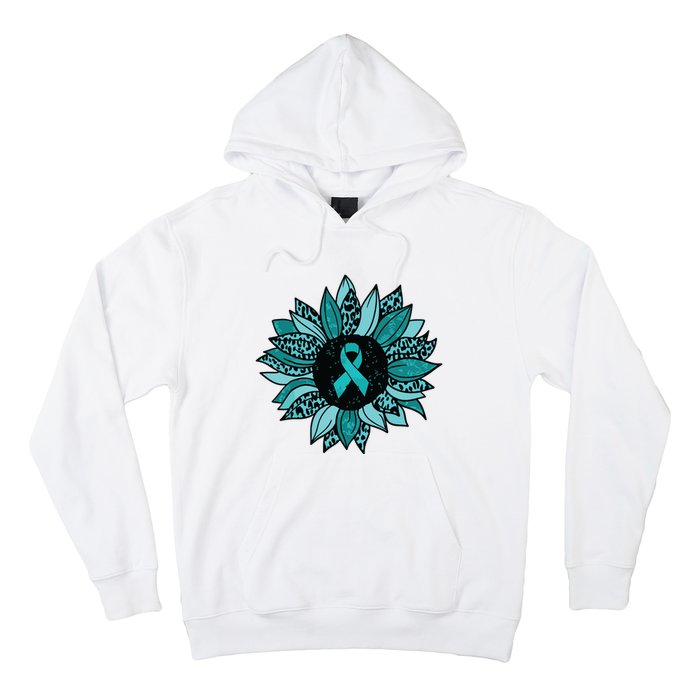 Ovarian Cancer Awareness Sunflower Teal Ribbon Leopard Hoodie