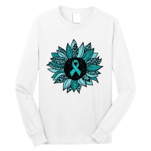 Ovarian Cancer Awareness Sunflower Teal Ribbon Leopard Long Sleeve Shirt