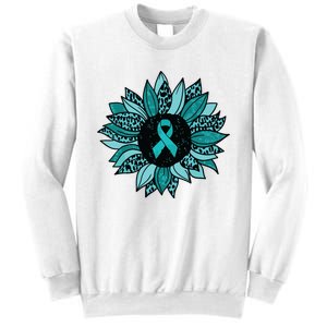 Ovarian Cancer Awareness Sunflower Teal Ribbon Leopard Sweatshirt