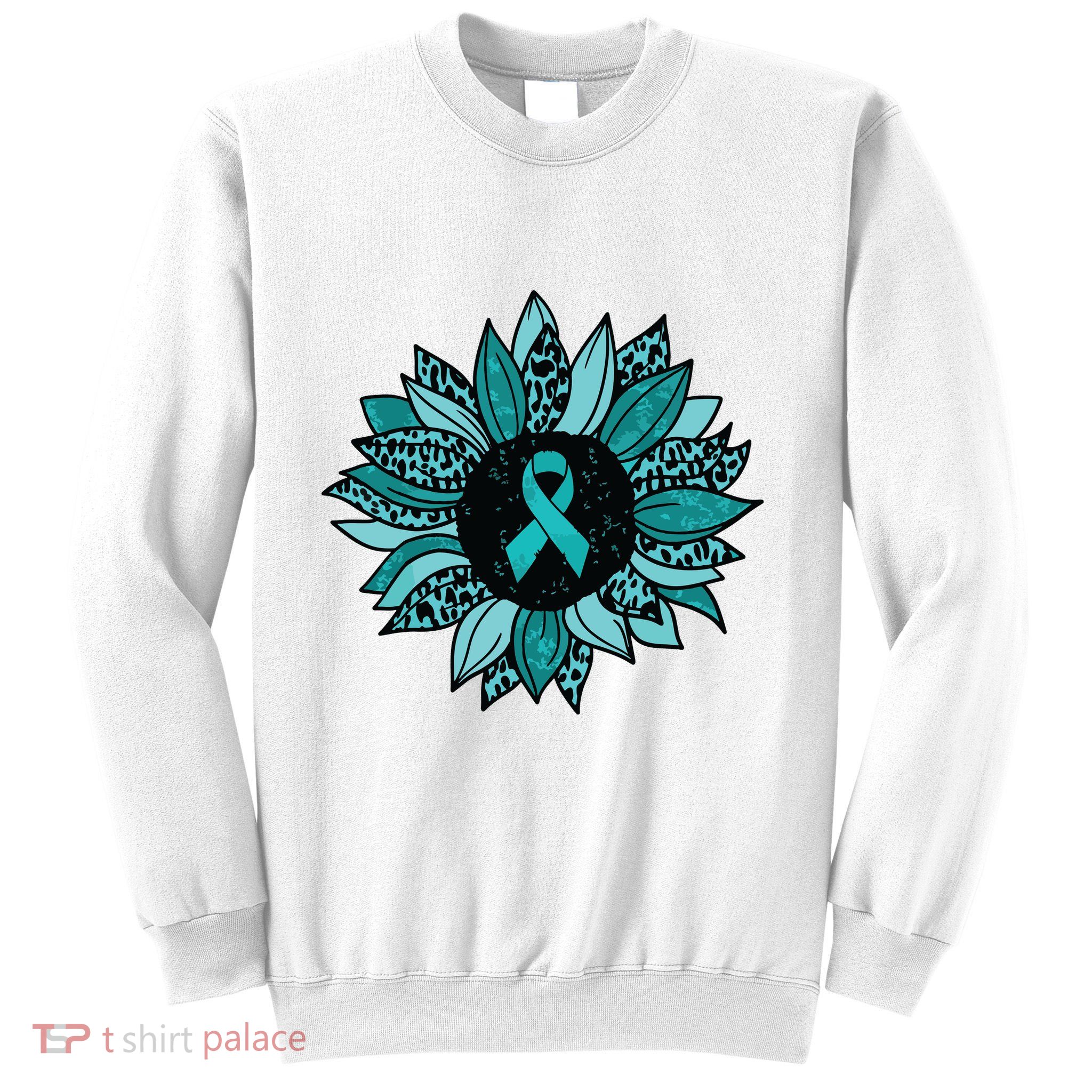 Ovarian Cancer Awareness Sunflower Teal Ribbon Leopard Sweatshirt
