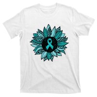 Ovarian Cancer Awareness Sunflower Teal Ribbon Leopard T-Shirt