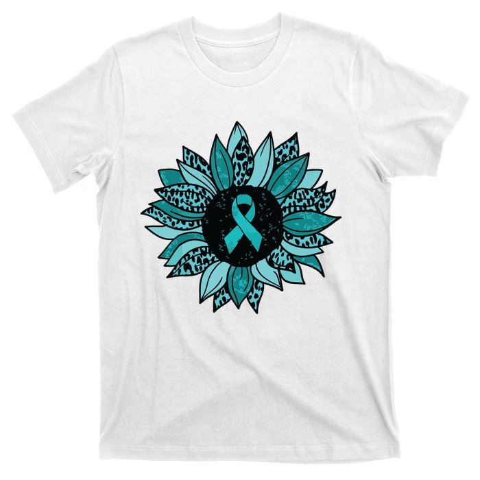 Ovarian Cancer Awareness Sunflower Teal Ribbon Leopard T-Shirt