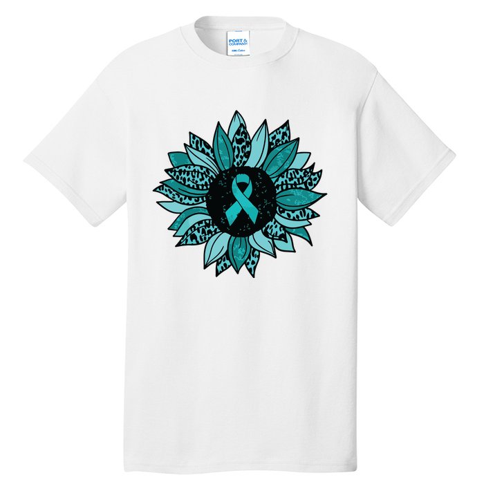 Ovarian Cancer Awareness Sunflower Teal Ribbon Leopard Tall T-Shirt