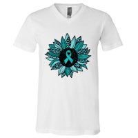 Ovarian Cancer Awareness Sunflower Teal Ribbon Leopard V-Neck T-Shirt