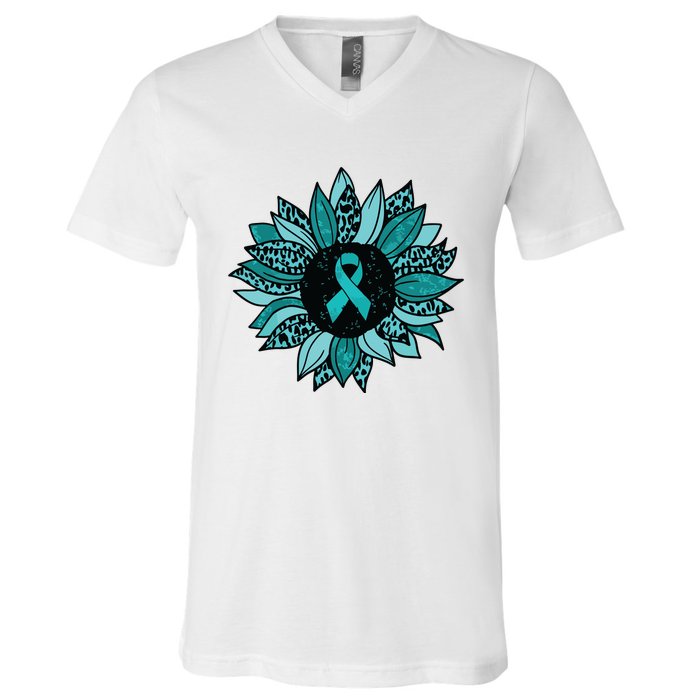 Ovarian Cancer Awareness Sunflower Teal Ribbon Leopard V-Neck T-Shirt