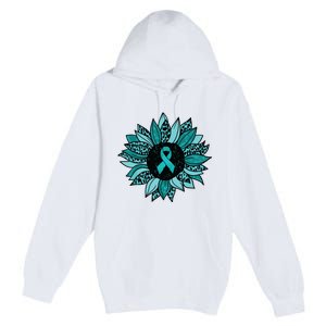 Ovarian Cancer Awareness Sunflower Teal Ribbon Leopard Premium Pullover Hoodie