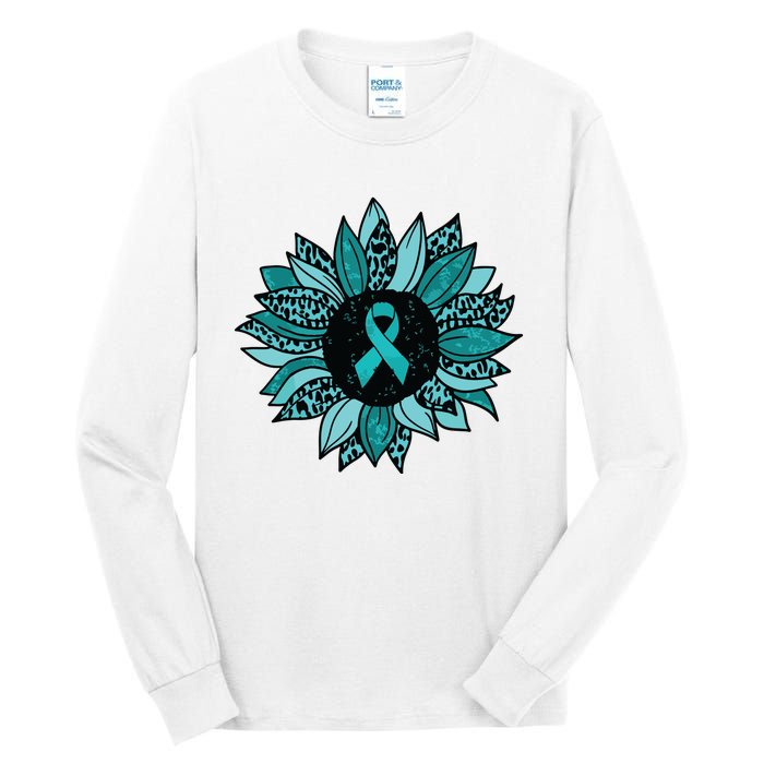 Ovarian Cancer Awareness Sunflower Teal Ribbon Leopard Tall Long Sleeve T-Shirt