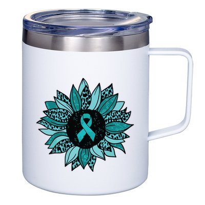 Ovarian Cancer Awareness Sunflower Teal Ribbon Leopard 12oz Stainless Steel Coffee Mug