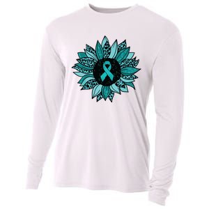 Ovarian Cancer Awareness Sunflower Teal Ribbon Leopard Cooling Performance Long Sleeve Crew