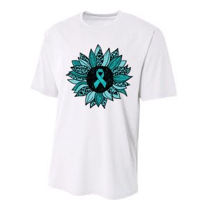 Ovarian Cancer Awareness Sunflower Teal Ribbon Leopard Performance Sprint T-Shirt