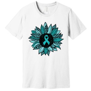 Ovarian Cancer Awareness Sunflower Teal Ribbon Leopard Premium T-Shirt