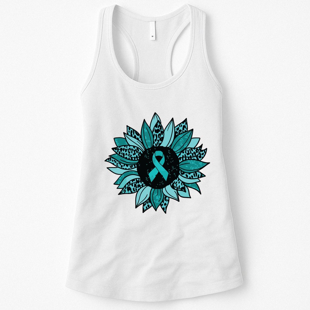 Ovarian Cancer Awareness Sunflower Teal Ribbon Leopard Womens Tank Top
