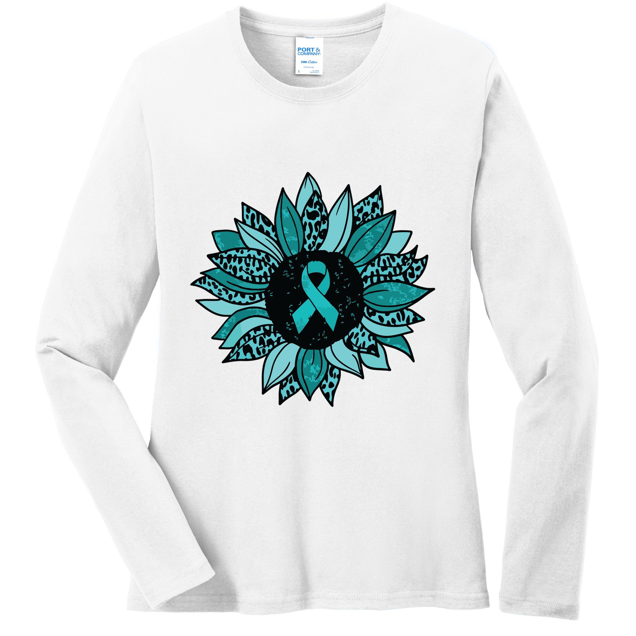 Ovarian Cancer Awareness Sunflower Teal Ribbon Leopard Ladies Long Sleeve Shirt