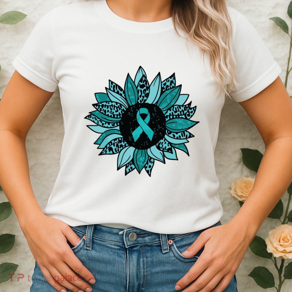 Ovarian Cancer Awareness Sunflower Teal Ribbon Leopard Womens T-Shirt