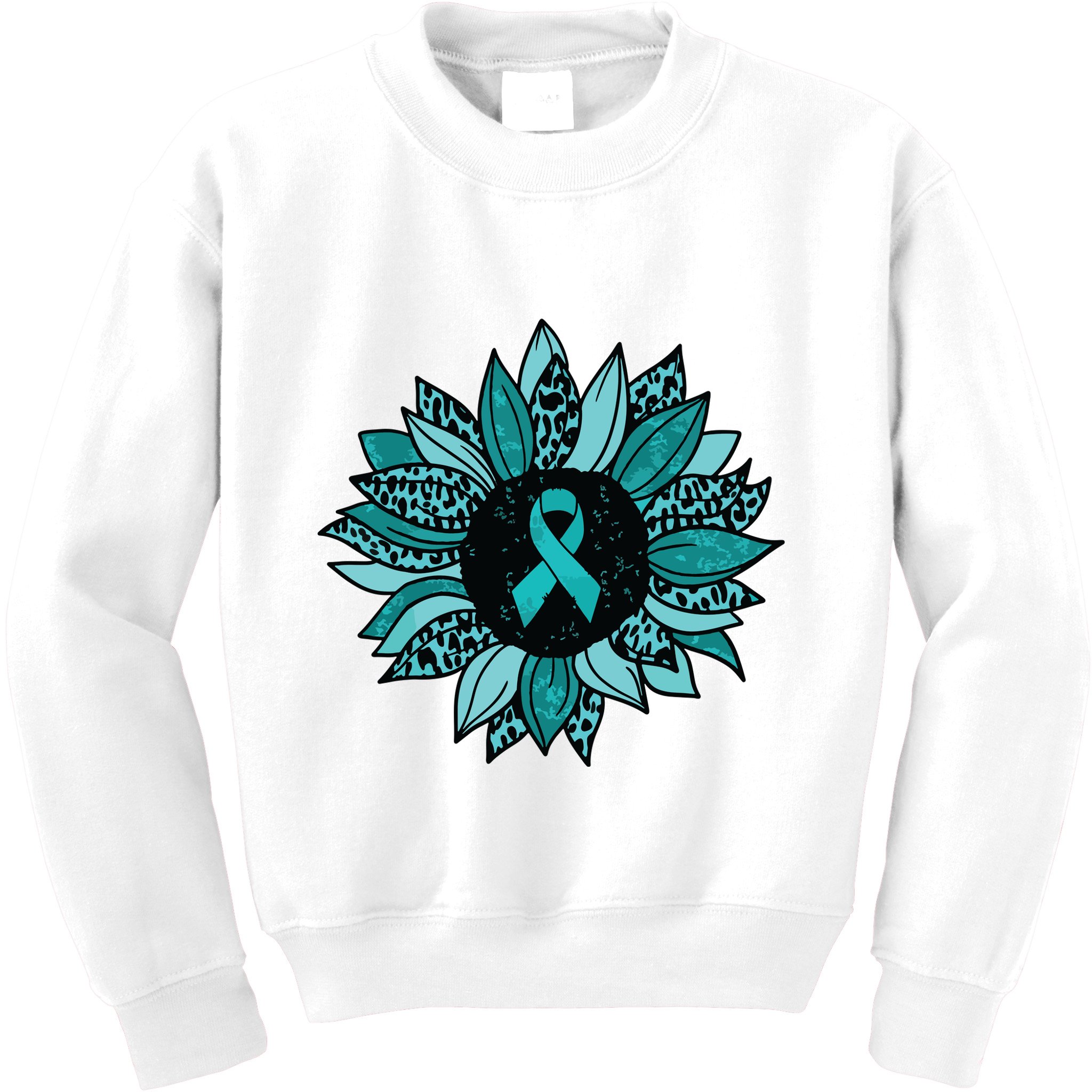 Ovarian Cancer Awareness Sunflower Teal Ribbon Leopard Kids Sweatshirt
