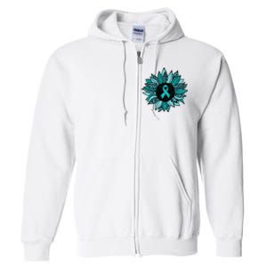 Ovarian Cancer Awareness Sunflower Teal Ribbon Leopard Full Zip Hoodie