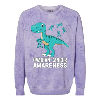 Ovarian Cancer Awareness Teal Ribbon Dinosaur Women Colorblast Crewneck Sweatshirt