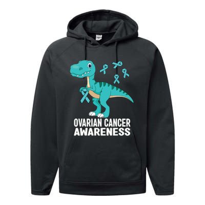 Ovarian Cancer Awareness Teal Ribbon Dinosaur Women Performance Fleece Hoodie