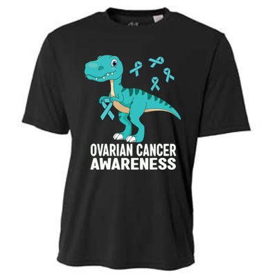 Ovarian Cancer Awareness Teal Ribbon Dinosaur Women Cooling Performance Crew T-Shirt