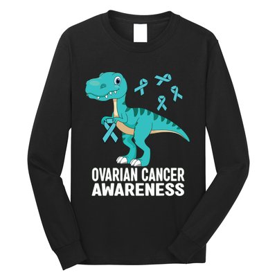 Ovarian Cancer Awareness Teal Ribbon Dinosaur Women Long Sleeve Shirt