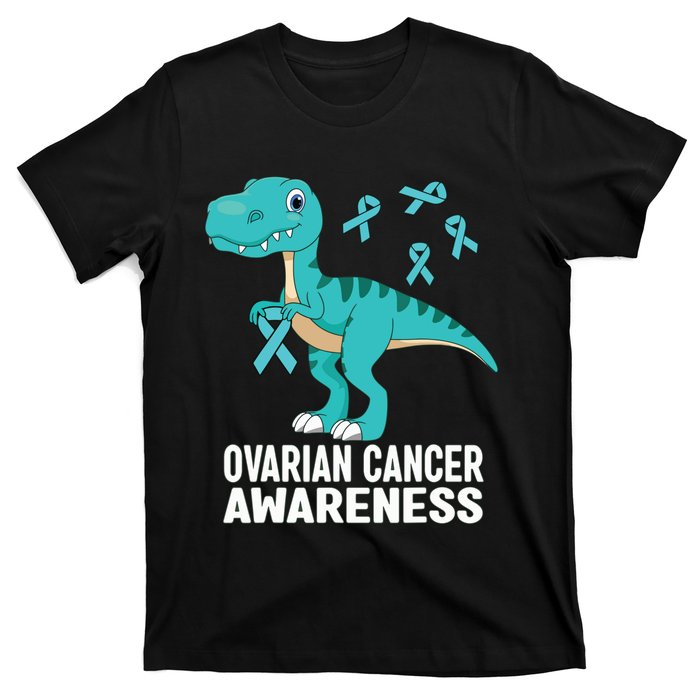 Ovarian Cancer Awareness Teal Ribbon Dinosaur Women T-Shirt