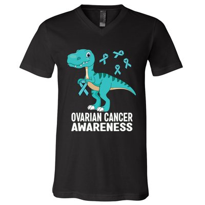 Ovarian Cancer Awareness Teal Ribbon Dinosaur Women V-Neck T-Shirt