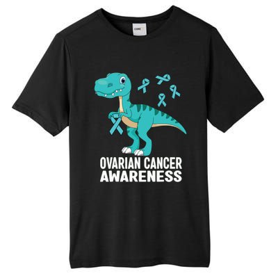 Ovarian Cancer Awareness Teal Ribbon Dinosaur Women Tall Fusion ChromaSoft Performance T-Shirt