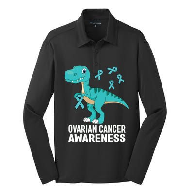 Ovarian Cancer Awareness Teal Ribbon Dinosaur Women Silk Touch Performance Long Sleeve Polo