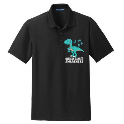 Ovarian Cancer Awareness Teal Ribbon Dinosaur Women Dry Zone Grid Polo