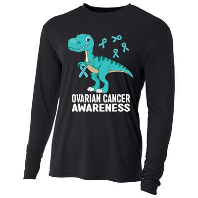 Ovarian Cancer Awareness Teal Ribbon Dinosaur Women Cooling Performance Long Sleeve Crew