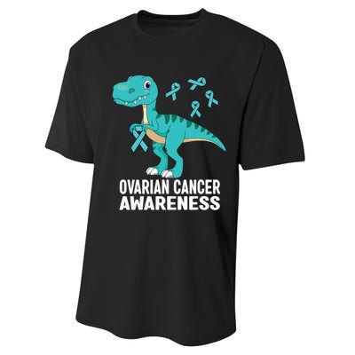 Ovarian Cancer Awareness Teal Ribbon Dinosaur Women Performance Sprint T-Shirt