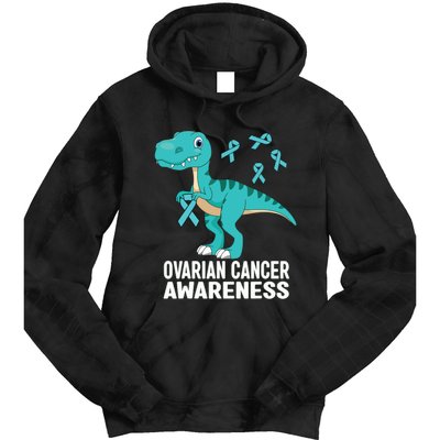 Ovarian Cancer Awareness Teal Ribbon Dinosaur Women Tie Dye Hoodie