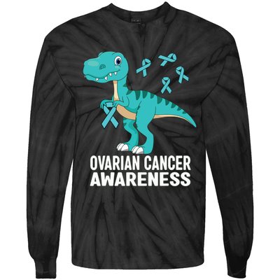 Ovarian Cancer Awareness Teal Ribbon Dinosaur Women Tie-Dye Long Sleeve Shirt